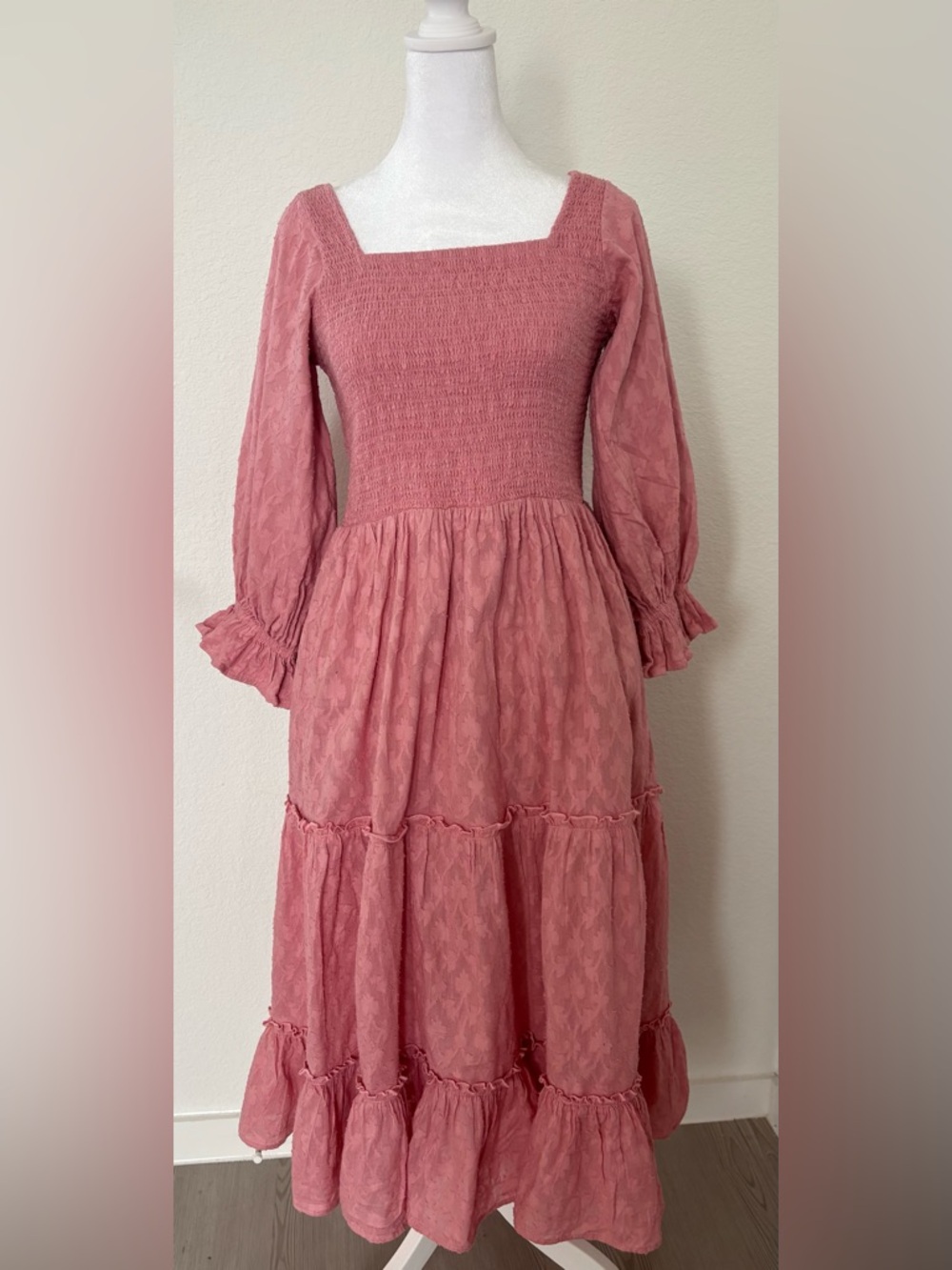 JessaKae Rose Pink Smocked Square-Neck Tiered Midi Dress